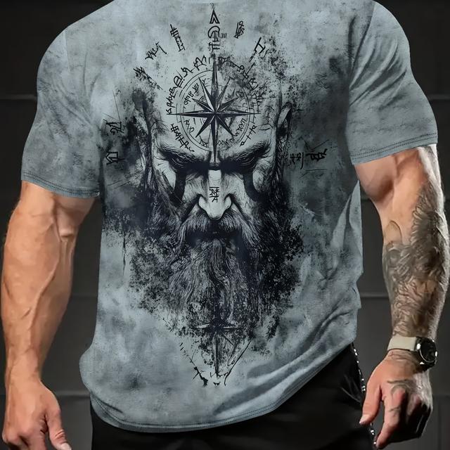 TEMU Men's Compass Graphic T-shirt - Light Gray Short Sleeve, Nautical Design, Machine Washable Polyester Blend, Casual Outdoor & Sportswear, Smooth Fabric, Regular Fit, Plus Size