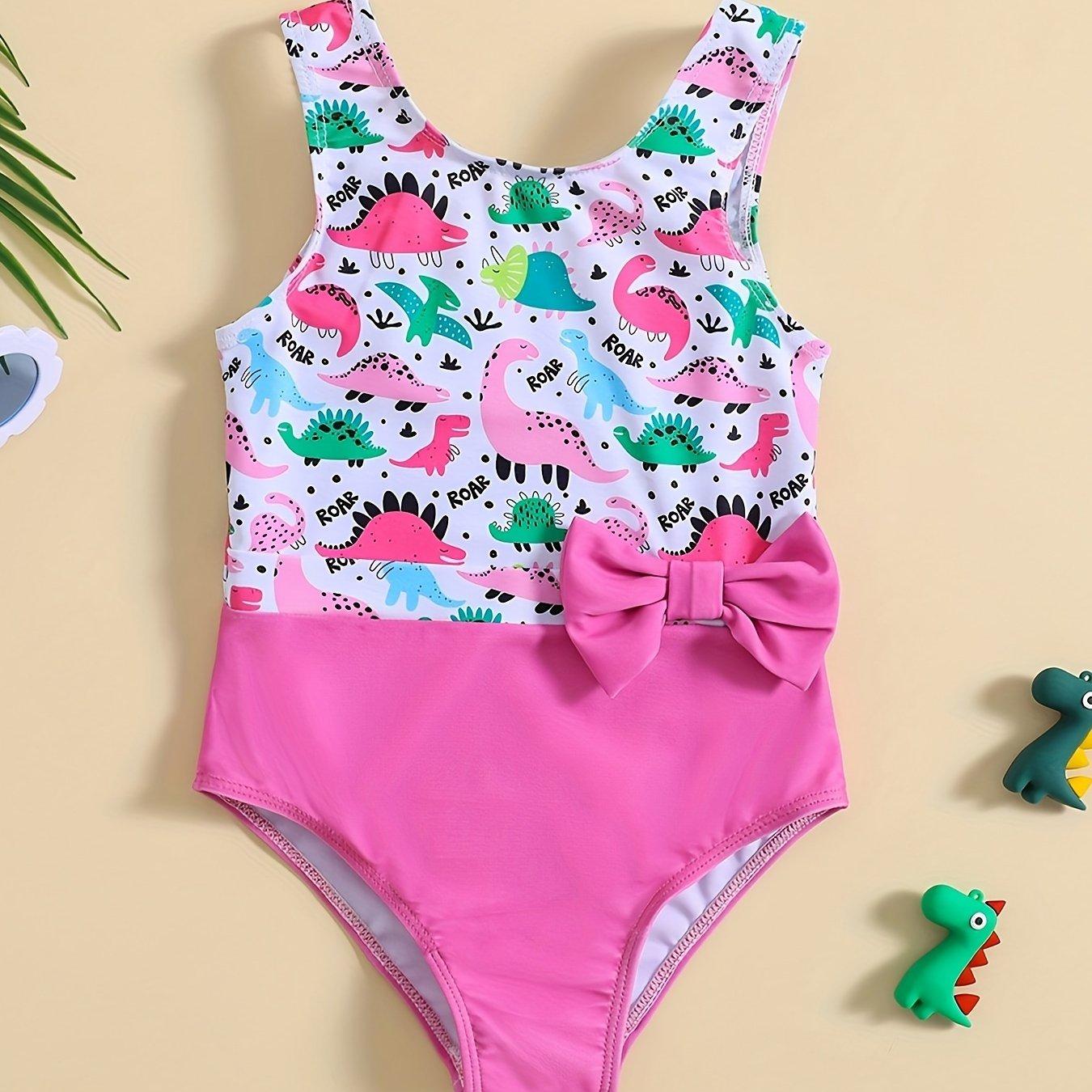 TEMU Girls' Dinosaur Print Bowknot One-piece Swimsuit For Beach And Seaside