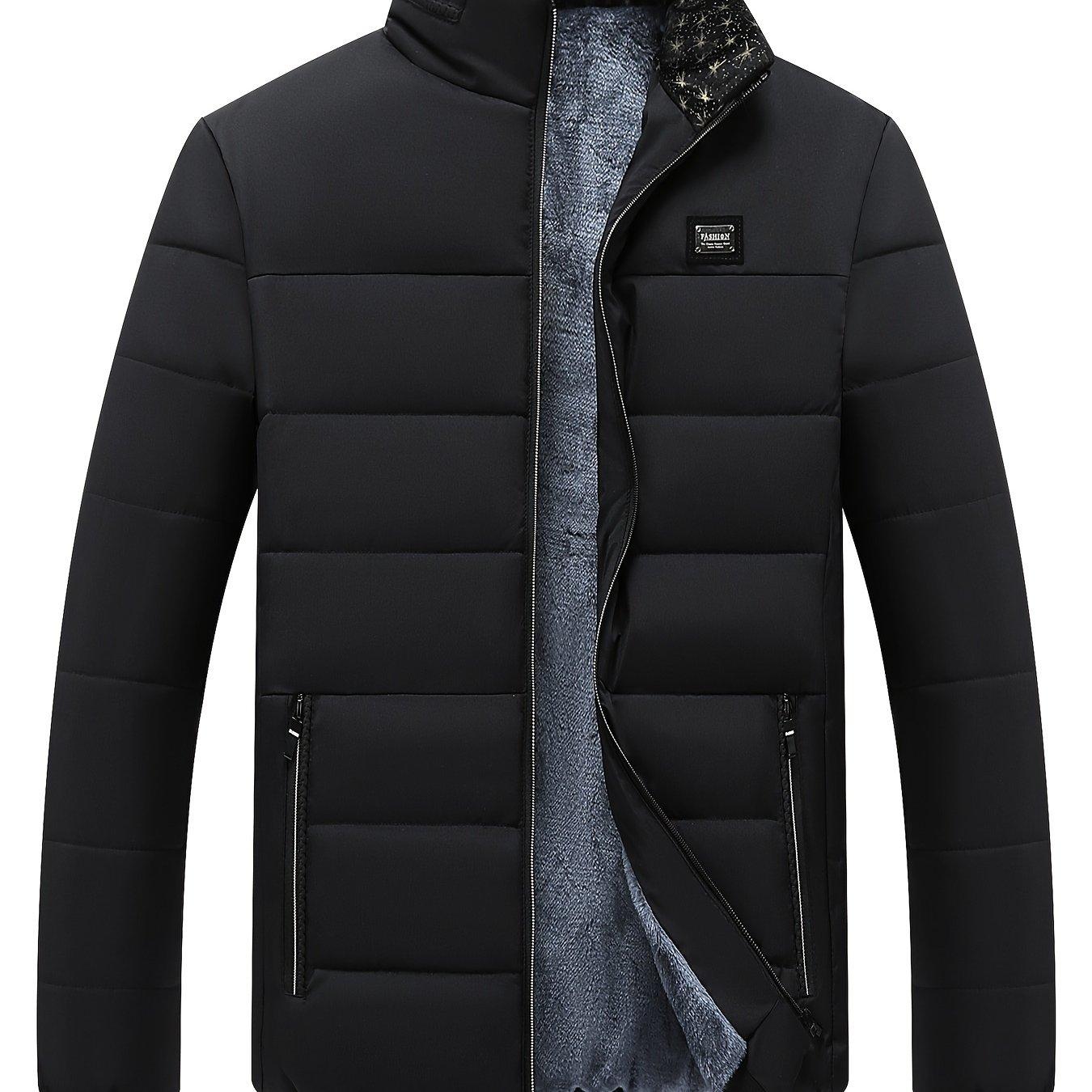 TEMU Men's Warm Fleece-lined Winter Jacket - Casual Stand Collar, Zip-up Coat With Pockets, Machine Washable