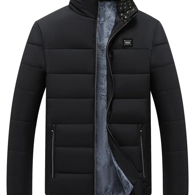 TEMU Men's Warm Fleece-lined Winter Jacket - Casual Stand Collar, Zip-up Coat With Pockets, Machine Washable