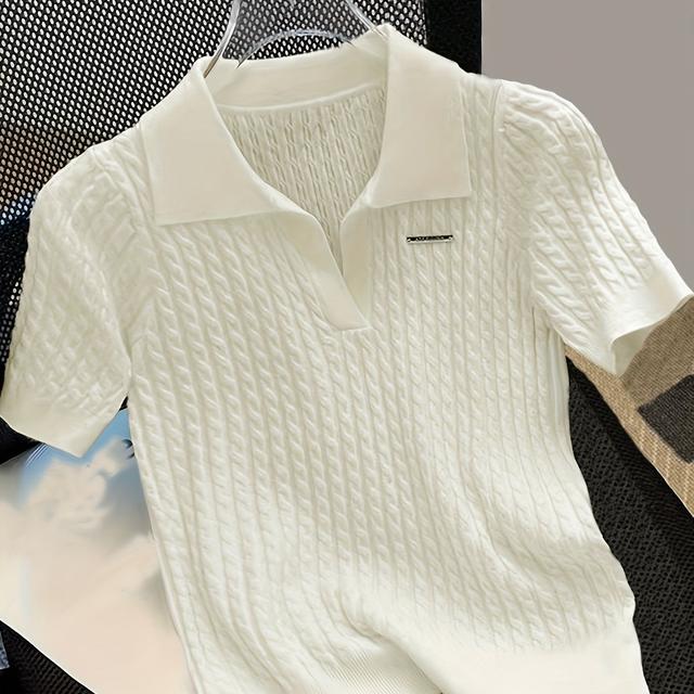 TEMU Temperament Lapel Fabric Top Summer Loose Cable Short Sleeve T-shirt
