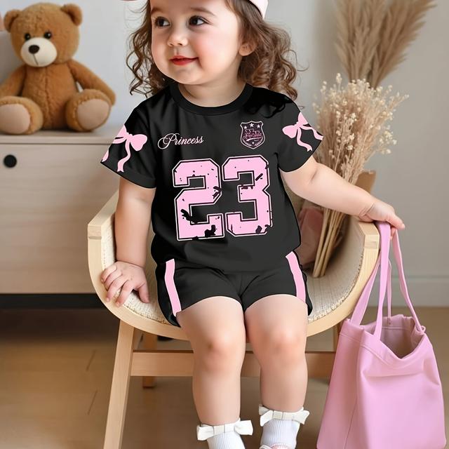 TEMU 2pcs Girls' Casual Sweet Pink Bow Print Jersey Number 23 Short Sleeve + Shorts Set, Suitable For Summer Outdoor Sports, Perfect For Outdoor