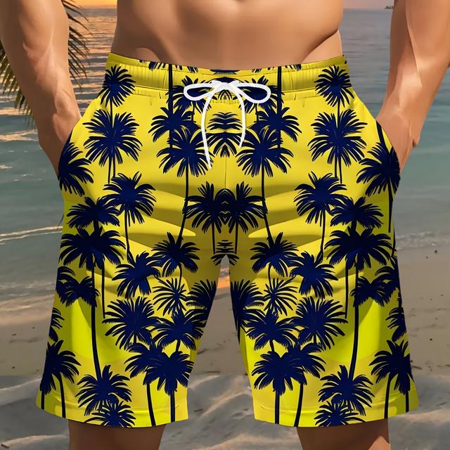 TEMU Men's Tree Swim Trunks - Quick-dry Beach Shorts With Drawstring Waist, Lightweight Polyester Board Shorts For Gym, Pool, Vacation - Yellow & Navy Tropical Shorts