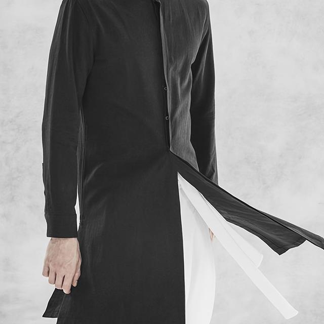 TEMU Men's Casual Long-sleeve Shirt In A Solid Color, Featuring A Button- Design, Retro Style, And A Short Kaftan Cut