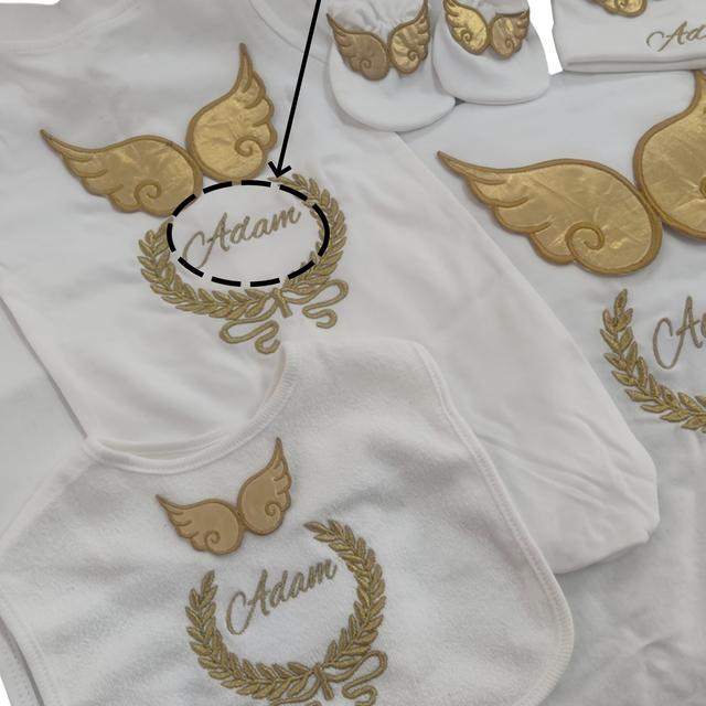 TEMU 6pcs Set Personalized Golden Wings Name Embroidery Footies For Boys - Cute Solid Color, Regular Fit, Spring/fall Cotton Jumpsuit With , Clothes For , For Outdoor