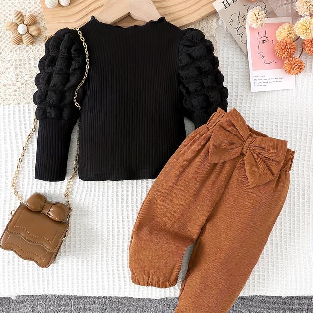 TEMU 2pcs Girls' Bubble Long Sleeve Top & Bow Pants Set - Black Cuffs, Brown Waist Bow, Soft Fabric Casual Outfit For Spring & Fall, Perfect For Outdoor