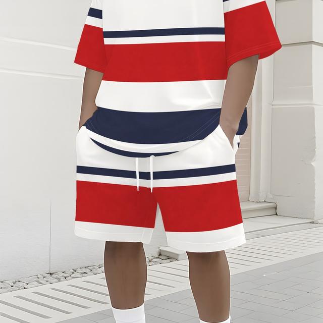 TEMU Men's Casual Geometric Pattern T-shirt And Shorts Set, Lightweight Summer Wear, Random Prints, Comfortable And Suitable For Outdoor Activities