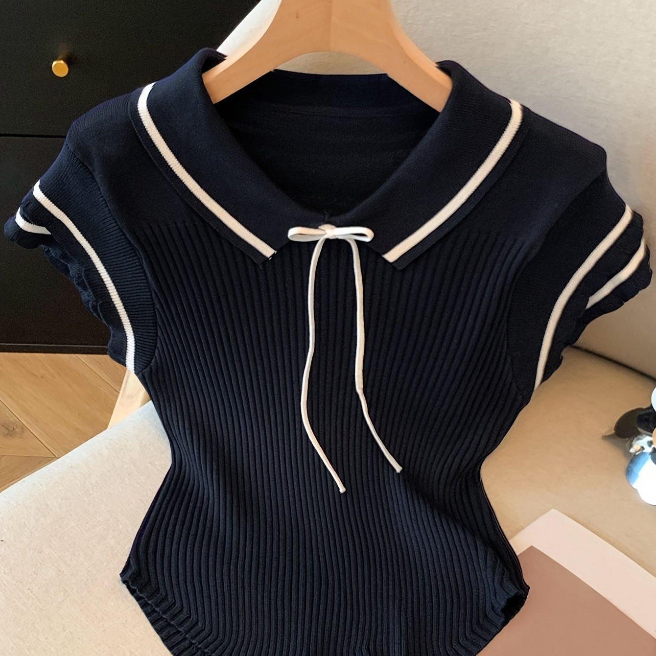 TEMU Collared T-shirt Women's Flared Sleeve Arched Waist Cooling Top Korean Style Collar Short Sleeve Preppy Top