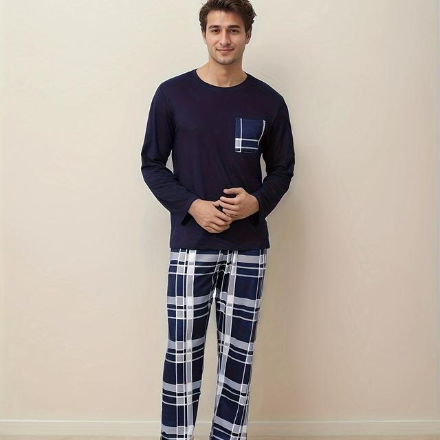 TEMU Men's Casual Pajama Set - Long Sleeve Round Neck T-shirt & Pants, Soft Polyester Blend, Spring/fall