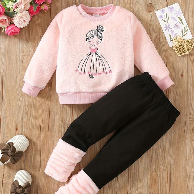 TEMU Autumn And Winter Set For Girls With Embroidered Round Neck And Fuzzy Top And Bottom Pants, Two-piece Casual Suit, Fashionable, Outdoor
