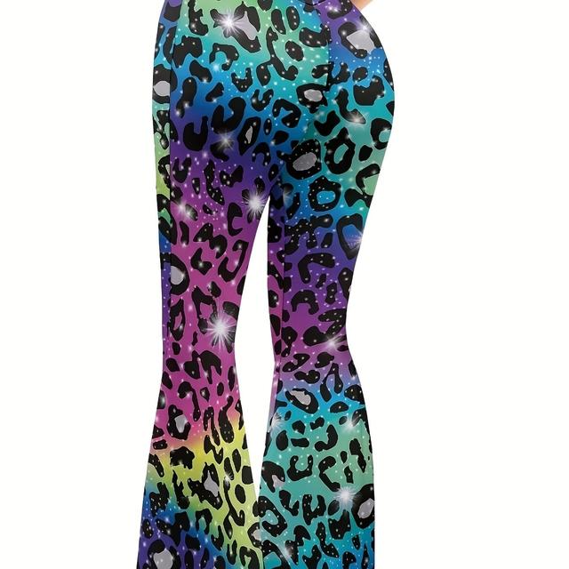 TEMU Elegant Leopard Print Flare Pants For Women, Polyester, Machine Washable, Flared Pants