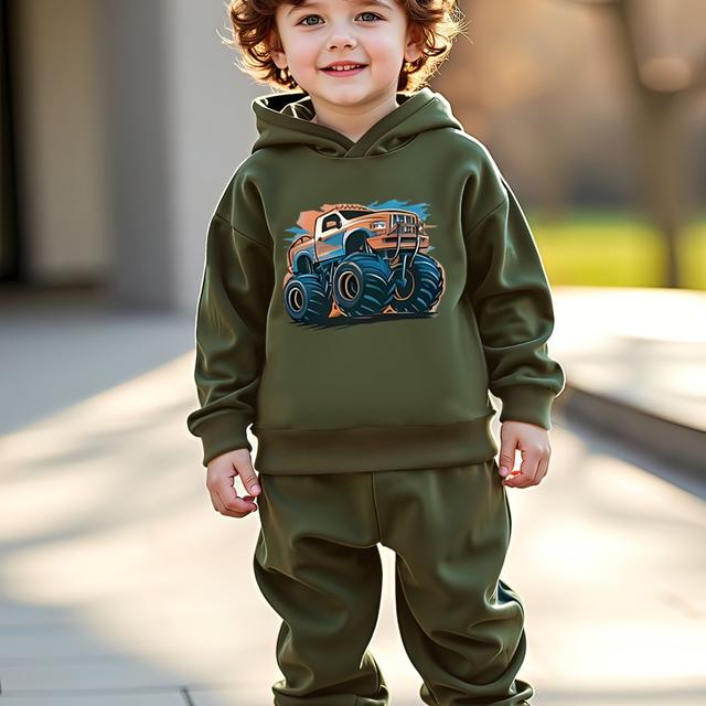 TEMU Boys' Cozy Fleece-lined Hoodie & Jogger Set With Vibrant Truck Print - Casual, Sporty Fall/winter Ensemble For , Outdoor