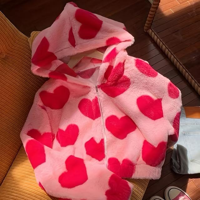 TEMU Elegante Damen Kapuzenjacke mit Herz-Muster für Casual-Look