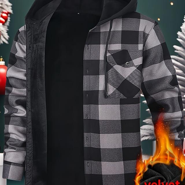 TEMU Men's Cozy Fleece-lined Hooded Jacket - Casual Long Sleeve With Drawstring & Pockets, Fall/winter Outdoor Activities