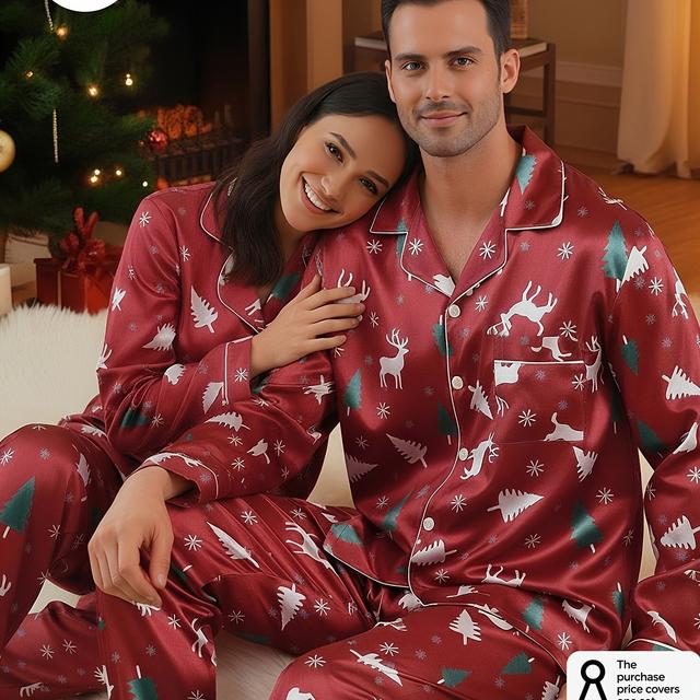 TEMU [HERREN/DAMEN] Weihnachtliches Blumen-Pyjama-Set im Paar-Style für Männer oder Frauen, Langarm-Hosen, rotes Loungewear-Set, Roben-Set für alle Jahreszeiten