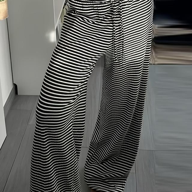 TEMU Autumn Style Black And White Striped Women's Drawstring Straight-cut Home Casual Pants, Breathable, Loose-fitting, Shaping, Elastic Waist, Wide-leg Pants