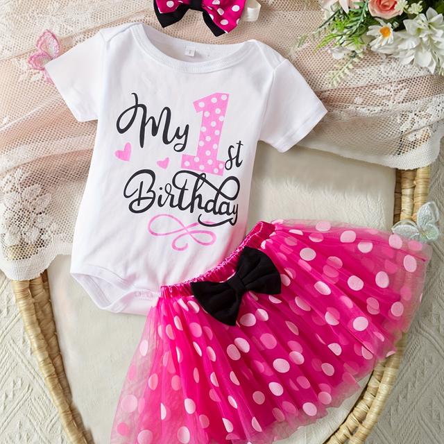 TEMU Girls' One-year-old Birthday Outfit Cute " My 1st Birthday" Print Jumpsuit + Polka Dot Tulle Skirt + Bow Headband 3pcs Set Girls' Party Dresses, For Outdoor