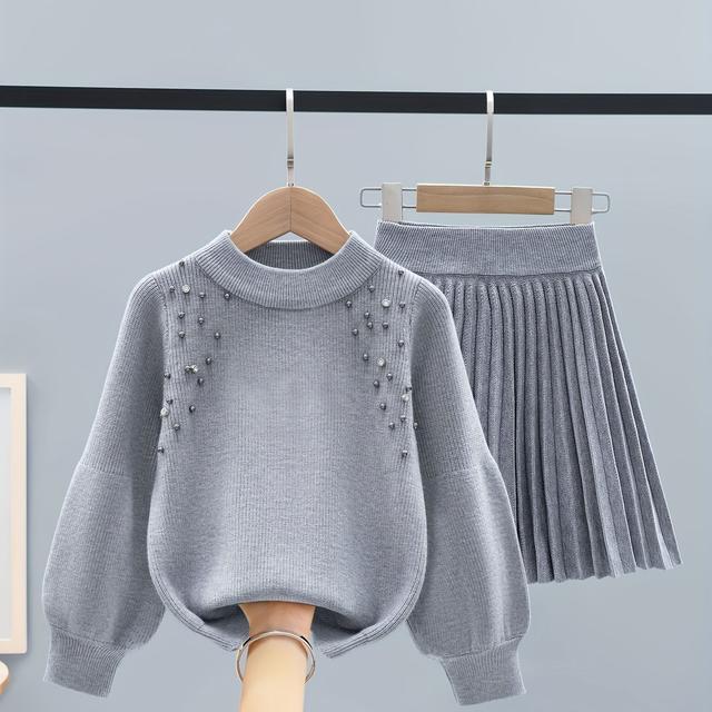 TEMU طقم بناتي لعيد الفصح يتكون من سترة أنيقة وعصرية للربيع والخريف، مزين بملابس محبوكة مطرزة بالخرز وتنورة عالية المرونة، مثالي للإجازات الخارجية وكهدية رائعة للبنات