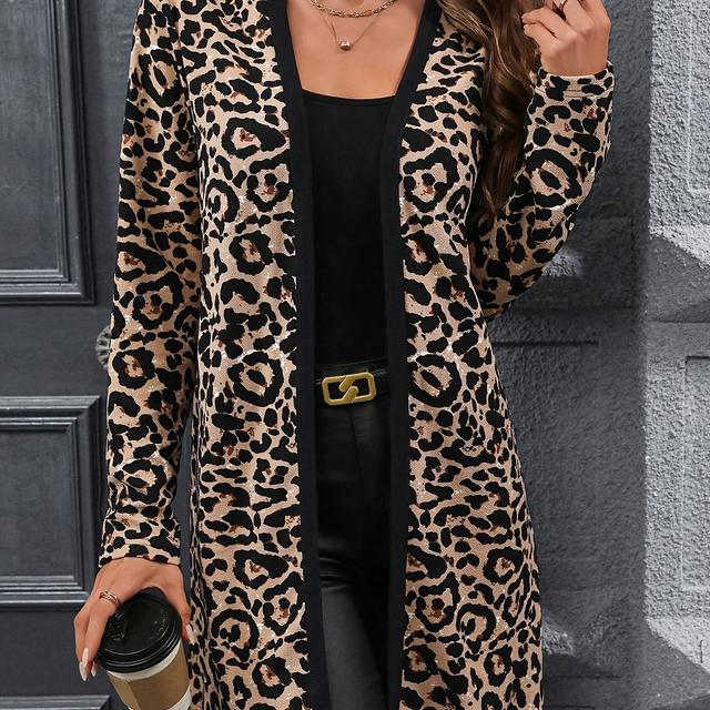 TEMU Ladies' Elegant Vintage Leopard Print Regular Fit Open Front Coat, Long Coat