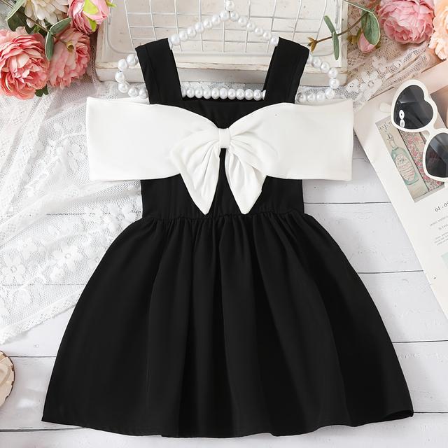 TEMU 1pc Girls' Summer Sleeveless Dress With Large Bow - Black & Block, Flowy A-, Parties & Outdoor Play, Outdoor Toddler Dress | Bow Accent Dress | Smooth Texture Dress, Dresses For Girls