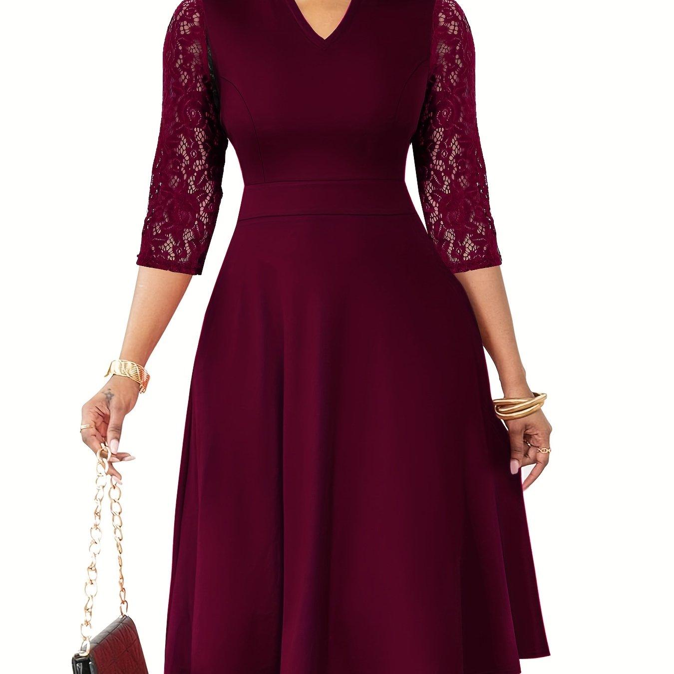 TEMU Autumn/winter Women's Fashion Elegant V-neck Lace Sleeve Three-quarter Sleeve A-line Midi Dress, Suitable For Formal Occasions, Cocktail Parties, And Gatherings