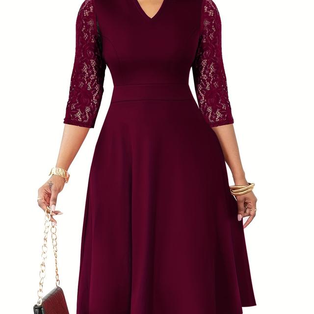 TEMU Autumn/winter Women's Fashion Elegant V-neck Lace Sleeve Three-quarter Sleeve A-line Midi Dress, Suitable For Formal Occasions, Cocktail Parties, And Gatherings