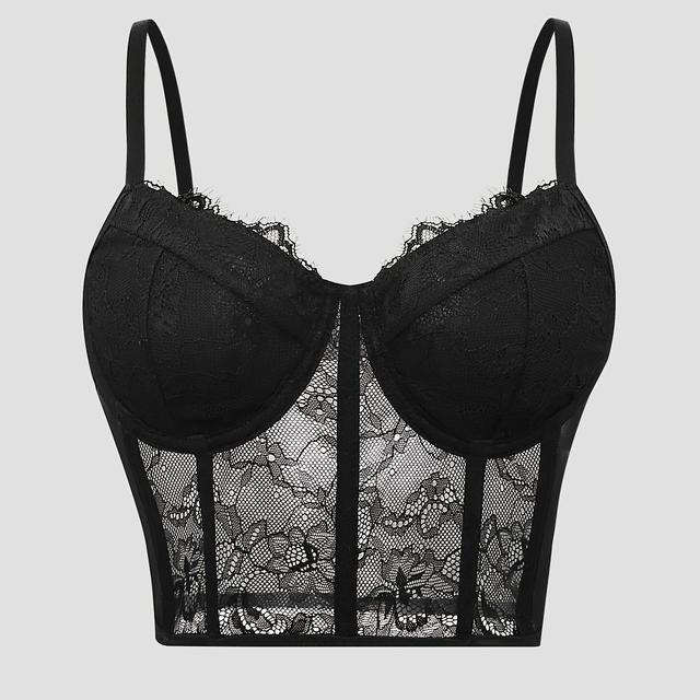 TEMU Sexy Schwarzes Spitzenkorsett-Crop-Top mit Fischgräten-Bügel - V-Ausschnitt, Rückenfrei, Durchsichtiger Blumen-Druck, Sommermode für Frauen, Korsett-Top