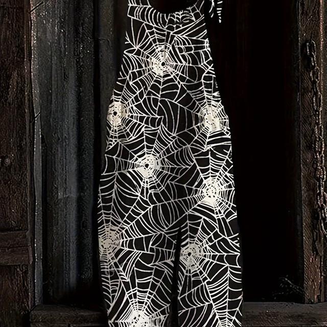 TEMU Breitbeiniger Jumpsuit mit Spinnennetz-Druck, Lässiger Ärmelloser Overall für Frühling & Sommer, Damenbekleidung, Rückenfrei, Halloween