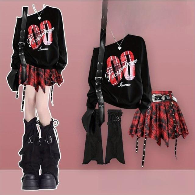 TEMU 秋に着る韓国風の黒茶スタイルの韓国版のゆったりプリントされたベルトの格子高腰の不規則な半スカート2ピースセット