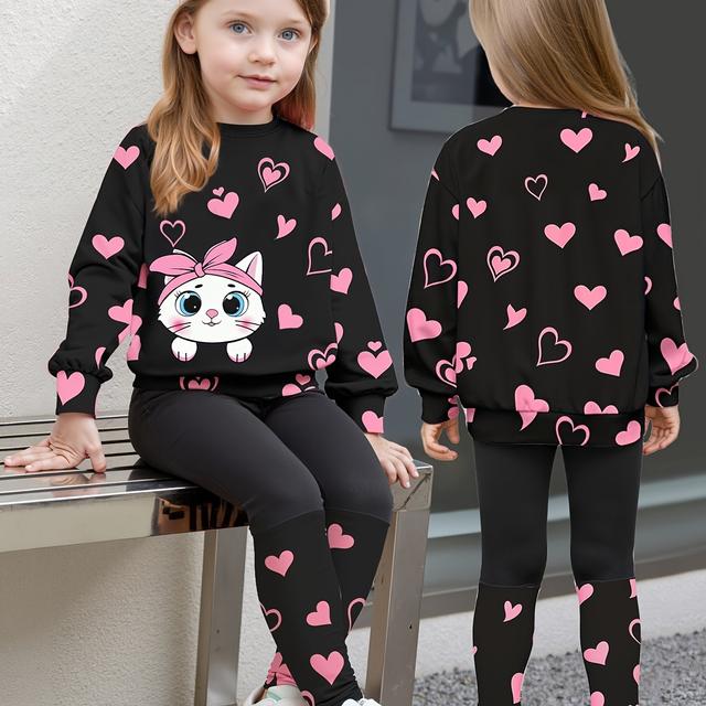 TEMU Girls' Cute Cat Pattern Long Sleeve T-shirt Top + Casual Pants Splicing Design Long Pants Set With Heart Pattern For Spring And Autumn, 2pcs Set