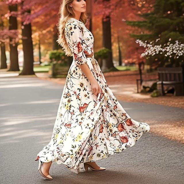 TEMU Damen Swing-Kleid Maxi Lang - 3/4 Länge Ärmel Blumenmuster Frühling Sommer Lässig Heiße Urlaubskleider Laterne Ärmel Rüschen Weiß Elegante