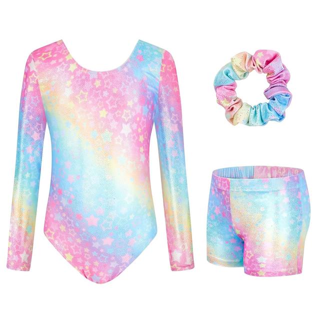 TEMU Girls' Gymnastics Jumpsuit Set With Rainbow Gradient Star Pattern - Soft Stretchy Fabric, Sleeveless Long Sleeve Top & Shorts With Matching Hair Tie, For Outdoor