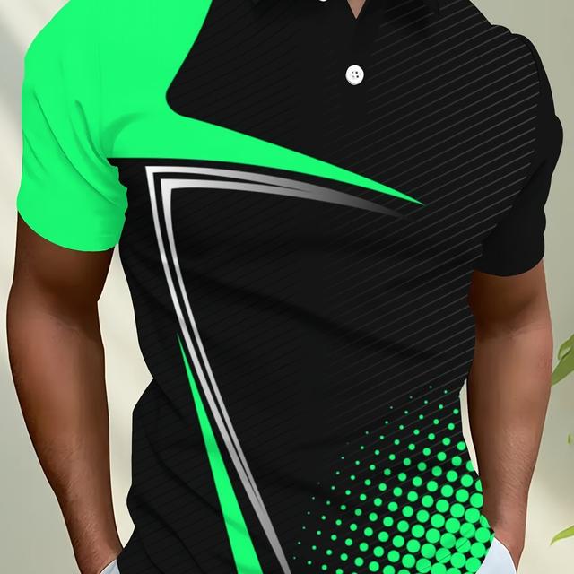 TEMU Men' Style Short Sleeve Shirt- Black And Blue Geometric Pattern Print, Button Collar, Machine Washable, Summer , Plus Size