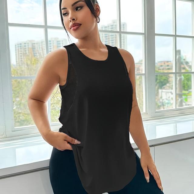 TEMU Women's Plus Size Breathable Mesh Sports Vest - Sleeveless Round Neck Solid Color Top, Casual & Workout Wear, Regular Fit Non-transparent Activewear, Workout Clothes