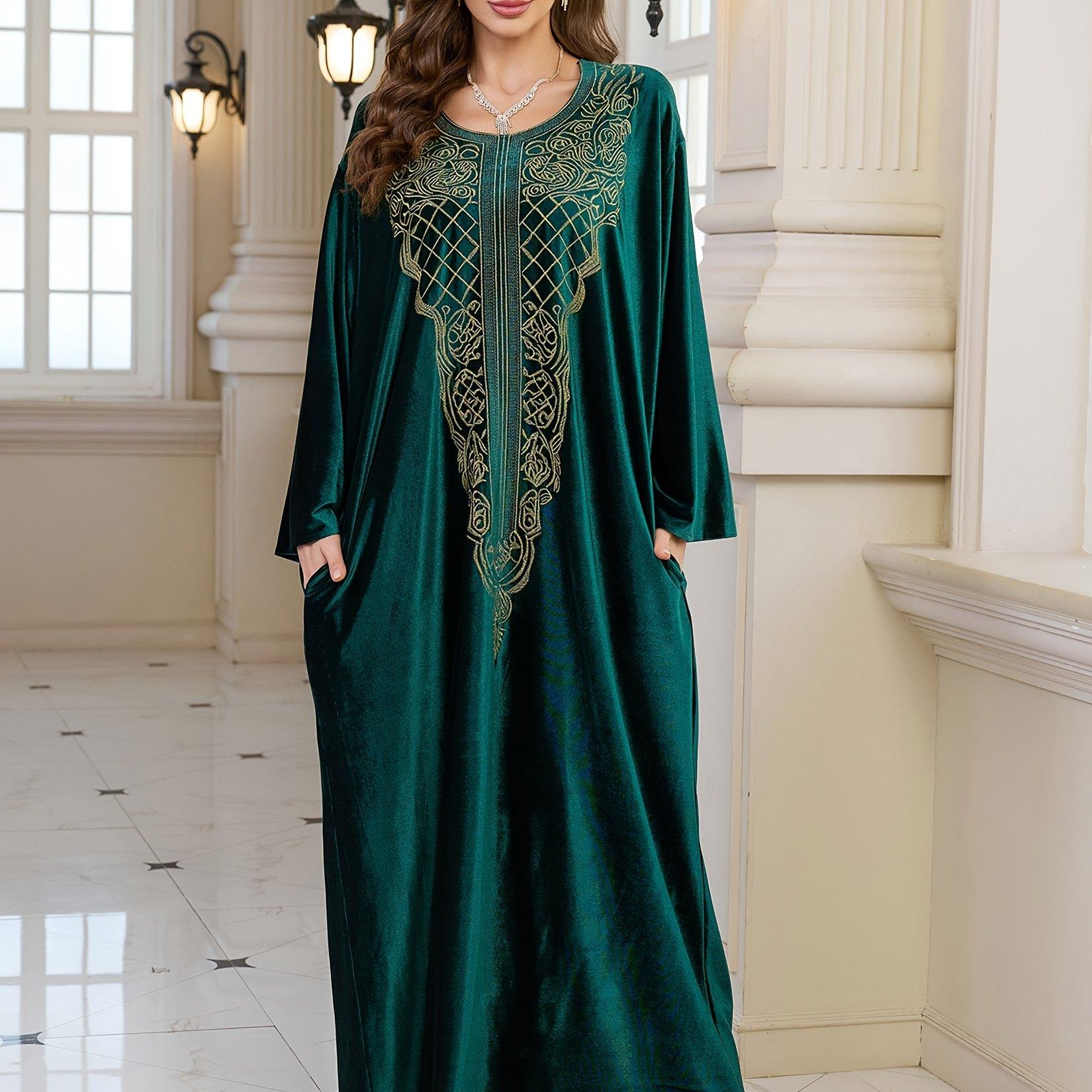 TEMU EDOLYNSA Rundhals-Stickerei Langarm elegantes dunkelgrünes Ethno-Kleid mit Seitentasche, türkischer Kaftan-Bluse im Nahost-Look für Urlaub und Übergröße