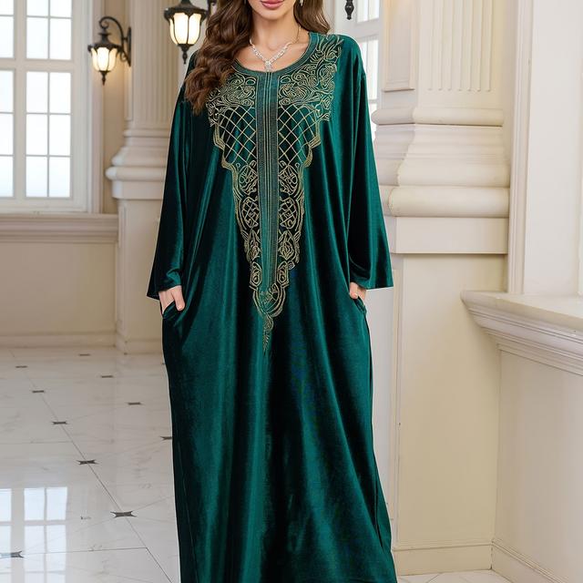 TEMU Edolynsa Round Neck Embroidery Long Elegant Dark Green Long Sleeve Side Pocket Ethnic Dress Turkish Robe Middle Casual Vacation Large Size Kaftan Blouse