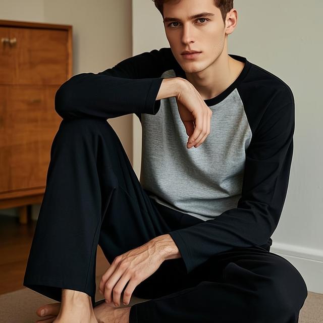 TEMU Herren Loungewear-Set für Herbst/Winter – Feel – Langarm/Hose, überziehfähig, lockerer Raglan-Ausschnitt mit Rundhalsausschnitt, 2-teilig