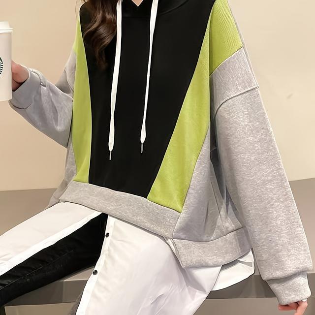 TEMU レディース オーバーサイズルーズフィットフーディスウェットシャツ - カラーブロックデザイン＆プリンセススリーブ付き、春/秋用ソフトな長身プルオーバー、カジュアル通勤向け、洗濯機対応（グレー//ターコイズ）- 2025年新作、女性用オーバーサイズスウェットシャツ、かわいいパーカー、ニッタートップ