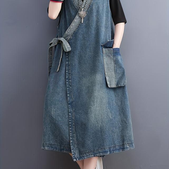 TEMU プラスサイズ レディース レトロVネックレースアップデニムベストドレス - ミドル丈ノースリーブカラーブロックルーズフィットクロスヘム、調節可能なタイ＆付き 春夏秋のカジュアルアウトフィット用、カジュアルサマードレス | Vネックドレス | 耐久性に優れたデニム、デニムドレス