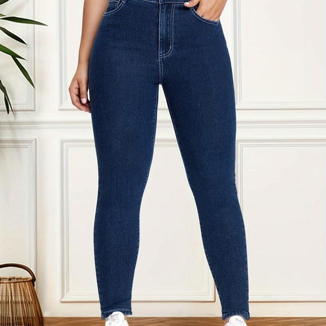 TEMU Women's Plus Size High-waisted Stretch Denim Jeans - Elegant Dark Blue Skinny Fit With Button Detail, Comfortable Long Length Pants, Casual Attire, High Waisted Jeans, Comfortable Footwear