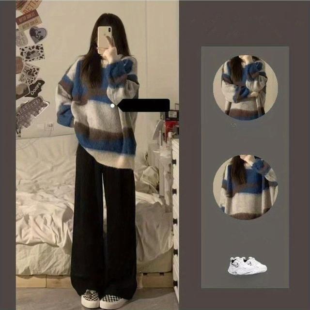 TEMU 秋冬レディースコーデセット：カラーコンプルオーバー＆ゆったりワイドレッグパンツのツートンキット