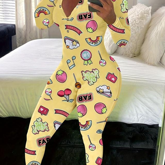 TEMU PatternPrint Lounge-Overall, Lässiger V-Ausschnitt, Langärmeliger Knopf-Overall, Damen-Loungewear Und Nachtwäsche