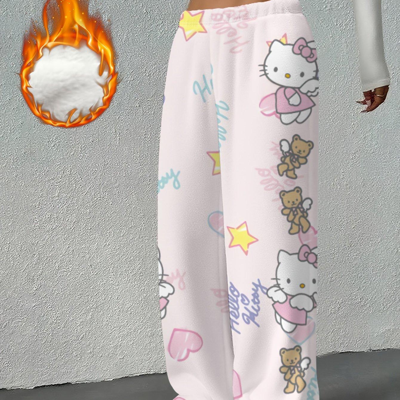TEMU Autumn/winter -lined Thickened Hello Kitty Wide-leg Pants For, Loose Fit Casual Streetwear Pants, Cute Cartoon Home & Outdoor Wear, Item No.-dd-kz-428, For Teenager