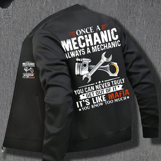 TEMU Mechanic Themed Polyester Sports Jacket For Men - Casual Stand Collar Zip-up Coat With , Stretch Fabric, Fall/winter Essential, No , Regular Fit - Weekend Casual Knit Outerwear