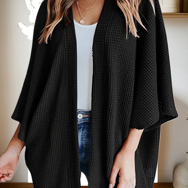 TEMU Plus Size Casual Cardigan, Women's Plus Solid Waffle Knit 3 Quarter Sleeve Open Front Cardigan
