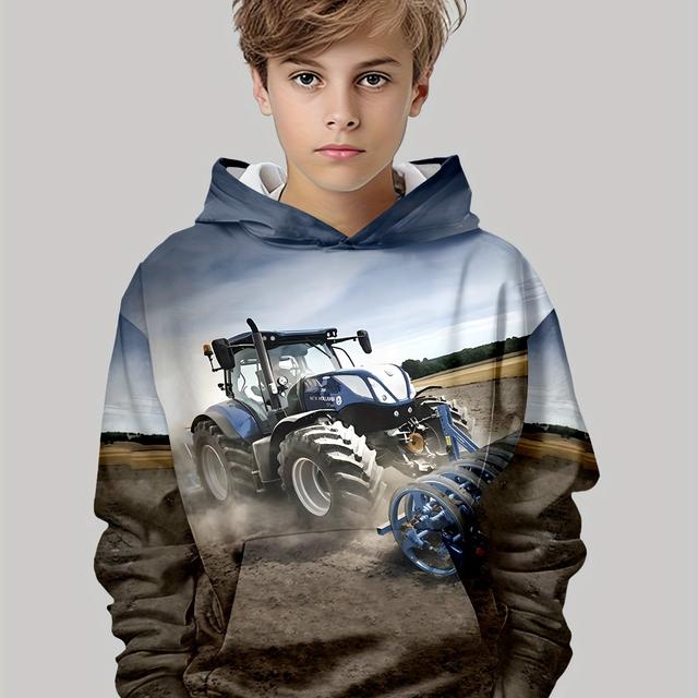 TEMU Boys' Breathable Tractor Print Hoodie - Stretchy, Long Sleeve Pullover With Pockets, For Autumn, Spring