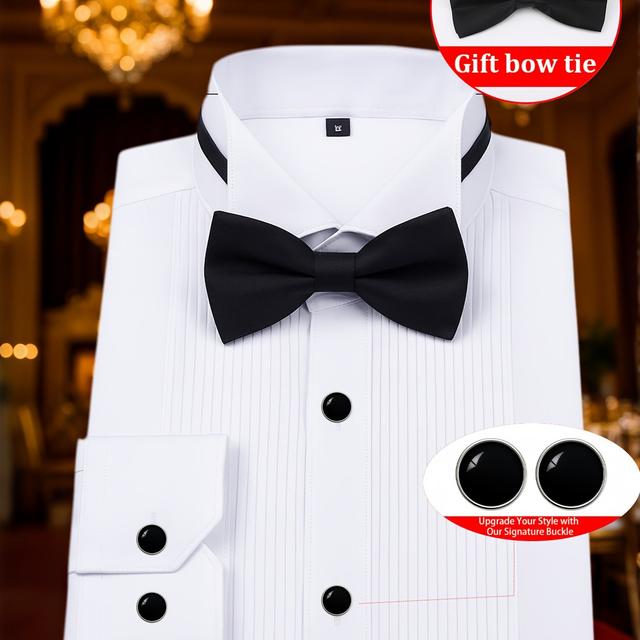 TEMU 2025 Men's Christmas Wedding Shirt, Featuring Black Diamond Buttons And A Complimentary Bow Tie, Perfect For Parties And Office Wear, Designed To For Wedding And Work Attire