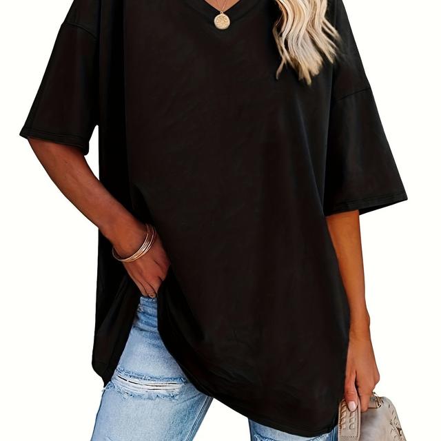 TEMU Women's Loose-fit V-neck Half-sleeve Blouse - , Solid Color, Spring/summer Casual & Formal Wear, Elegant & Breathable, Weather Clothing, Middle Eastern Style, , Stretchy Fabric Top