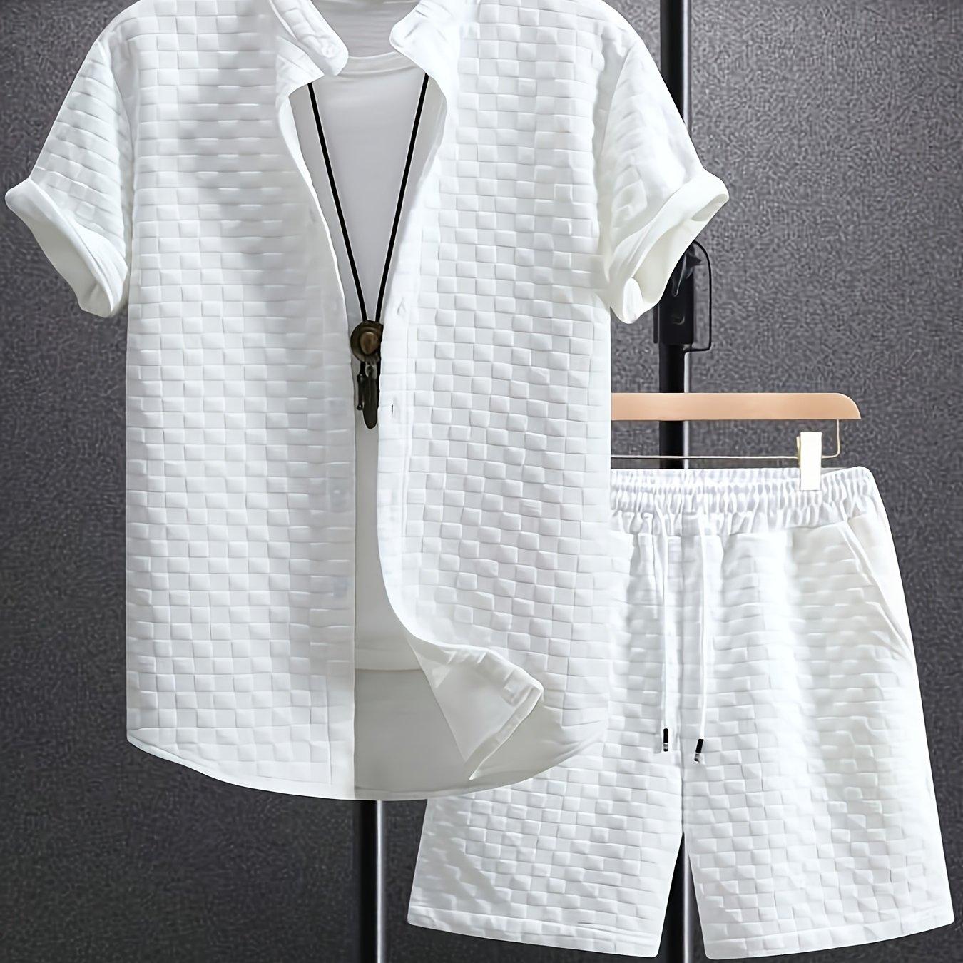 TEMU Conjunto de camisa y pantalones cortos para hombre - Liso negro, poliéster transpirable, ajuste regular para verano, comodidad diaria, ropa casual | Camisa con botones | Mezcla de poliéster