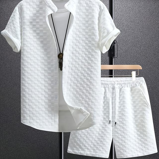 TEMU Conjunto de camisa y pantalones cortos para hombre - Liso negro, poliéster transpirable, ajuste regular para verano, comodidad diaria, ropa casual | Camisa con botones | Mezcla de poliéster